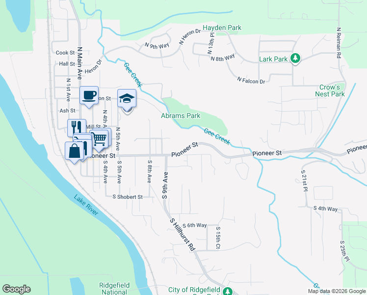 map of restaurants, bars, coffee shops, grocery stores, and more near 924 Pioneer Street in Ridgefield