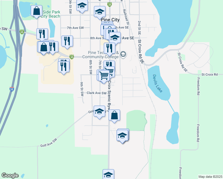 map of restaurants, bars, coffee shops, grocery stores, and more near 1050 Main Street South in Pine City