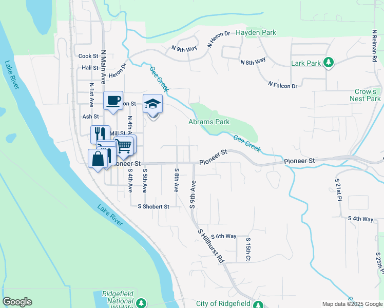 map of restaurants, bars, coffee shops, grocery stores, and more near 112 North 9th Avenue in Ridgefield