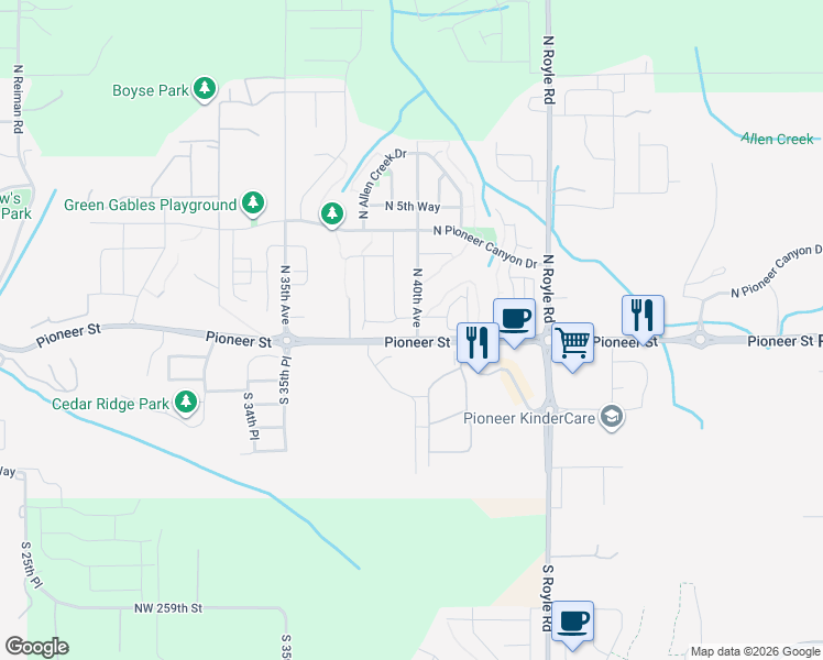 map of restaurants, bars, coffee shops, grocery stores, and more near 3997 North 1st Way in Ridgefield