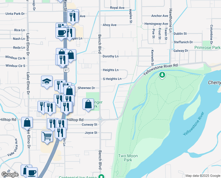 map of restaurants, bars, coffee shops, grocery stores, and more near 927 Bench Boulevard in Billings