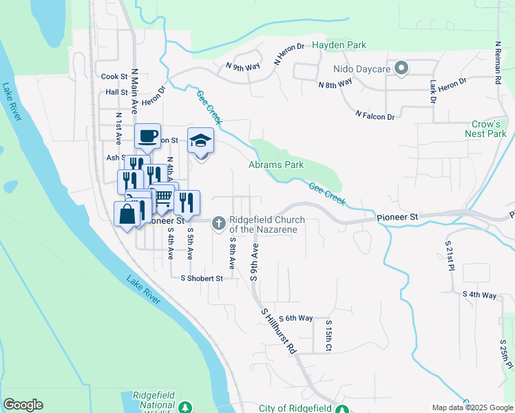 map of restaurants, bars, coffee shops, grocery stores, and more near 930 Simons Street in Ridgefield