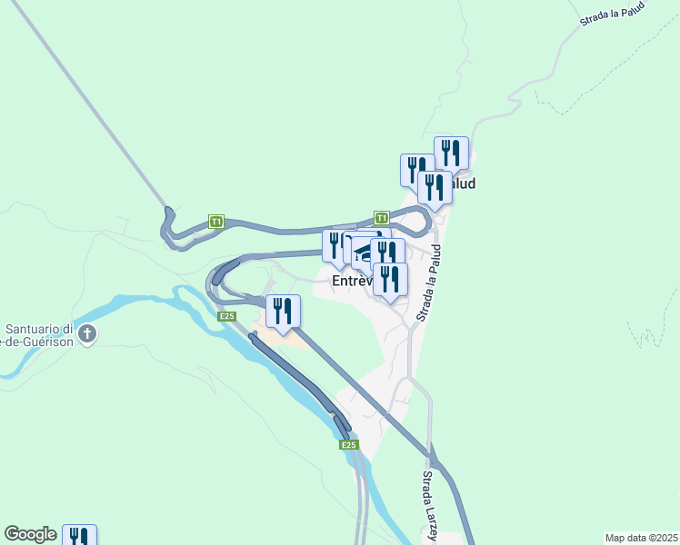 map of restaurants, bars, coffee shops, grocery stores, and more near 2 Via Grandes Jorasses in Courmayeur