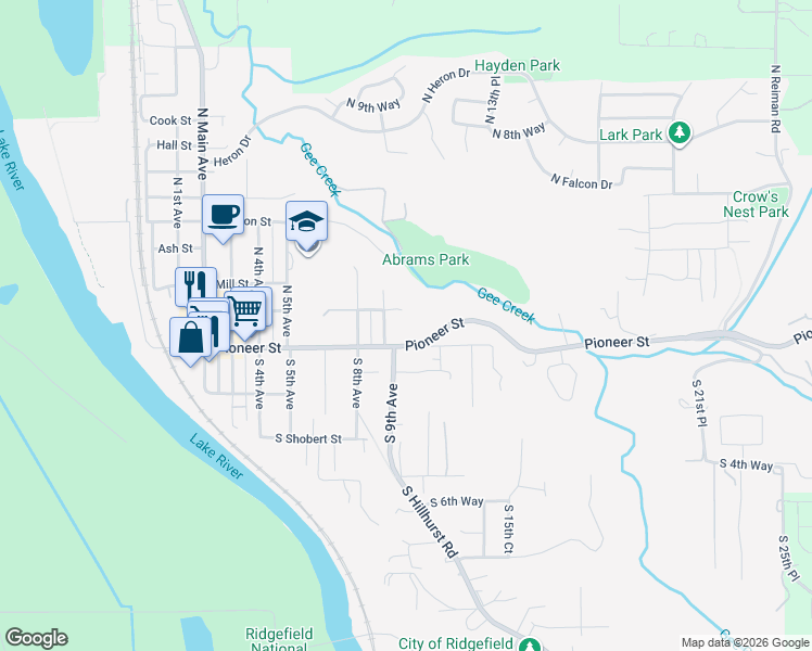map of restaurants, bars, coffee shops, grocery stores, and more near 924 Pioneer Street in Ridgefield