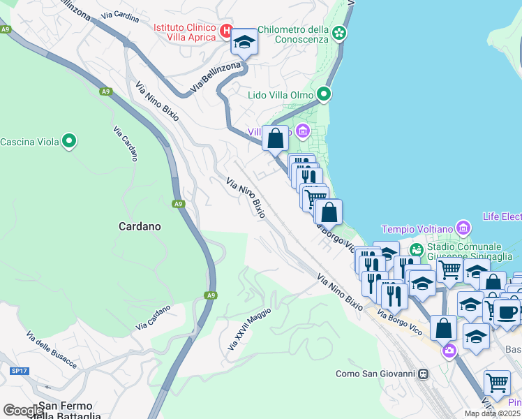 map of restaurants, bars, coffee shops, grocery stores, and more near 36 Via Nino Bixio in Como