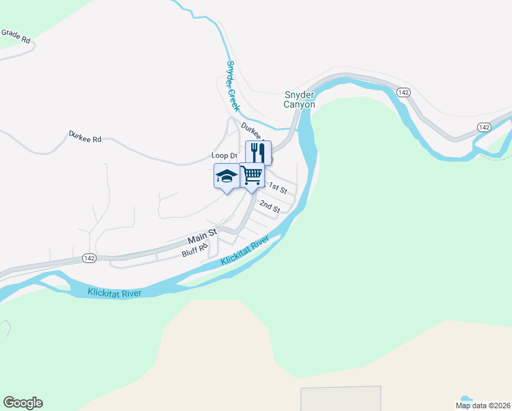map of restaurants, bars, coffee shops, grocery stores, and more near 202 2nd Street in Klickitat