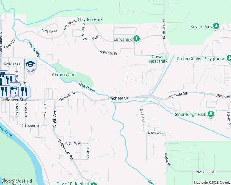 map of restaurants, bars, coffee shops, grocery stores, and more near 139 North 19th Court in Ridgefield