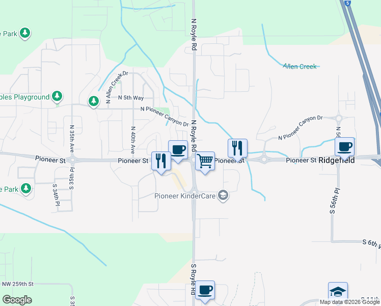 map of restaurants, bars, coffee shops, grocery stores, and more near 100 North 44th Place in Ridgefield