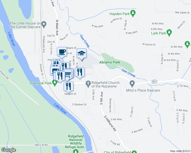 map of restaurants, bars, coffee shops, grocery stores, and more near 122 North 8th Avenue in Ridgefield