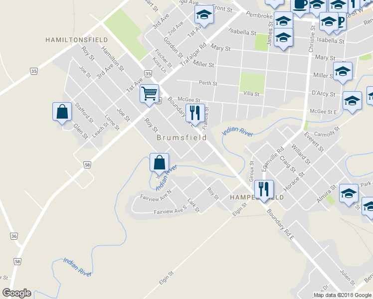 map of restaurants, bars, coffee shops, grocery stores, and more near 612 Karen Street in Pembroke