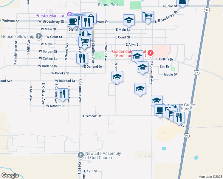 map of restaurants, bars, coffee shops, grocery stores, and more near 920 South Schuster Avenue in Goldendale