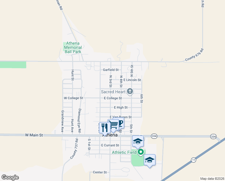 map of restaurants, bars, coffee shops, grocery stores, and more near 310 East Washington Street in Athena