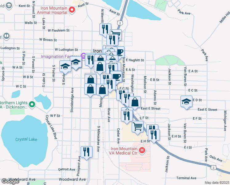 map of restaurants, bars, coffee shops, grocery stores, and more near 700 South Stephenson Avenue in Iron Mountain