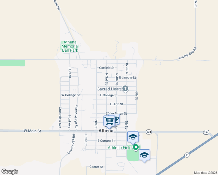 map of restaurants, bars, coffee shops, grocery stores, and more near 310 East Washington Street in Athena