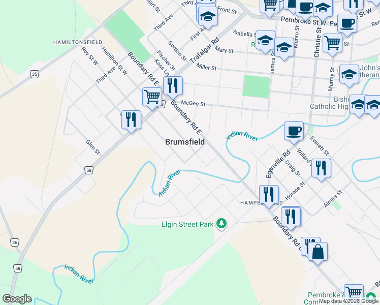 map of restaurants, bars, coffee shops, grocery stores, and more near 612 Karen Street in Pembroke