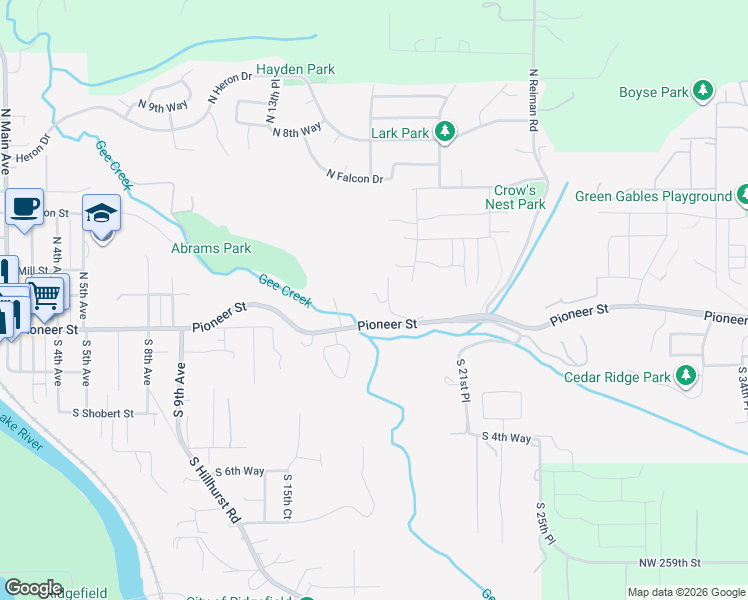 map of restaurants, bars, coffee shops, grocery stores, and more near 139 North 19th Court in Ridgefield