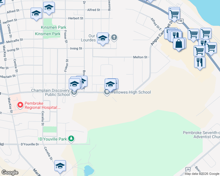 map of restaurants, bars, coffee shops, grocery stores, and more near 156 Noik Drive in Pembroke