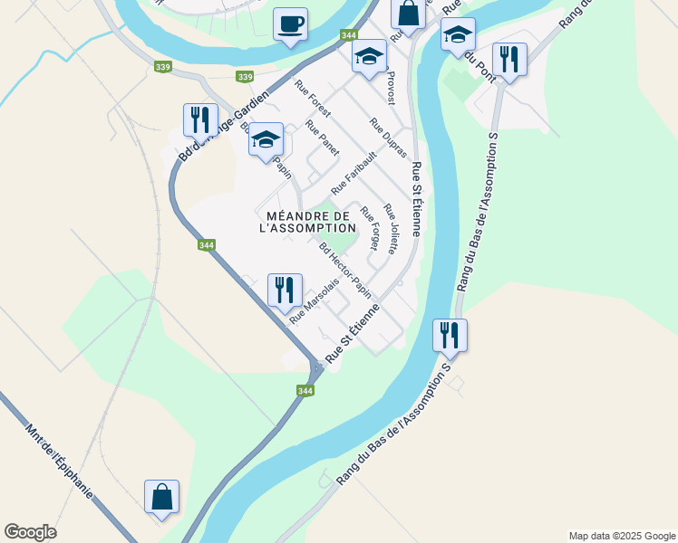 map of restaurants, bars, coffee shops, grocery stores, and more near 72 Boulevard Hector-Papin in L'Assomption