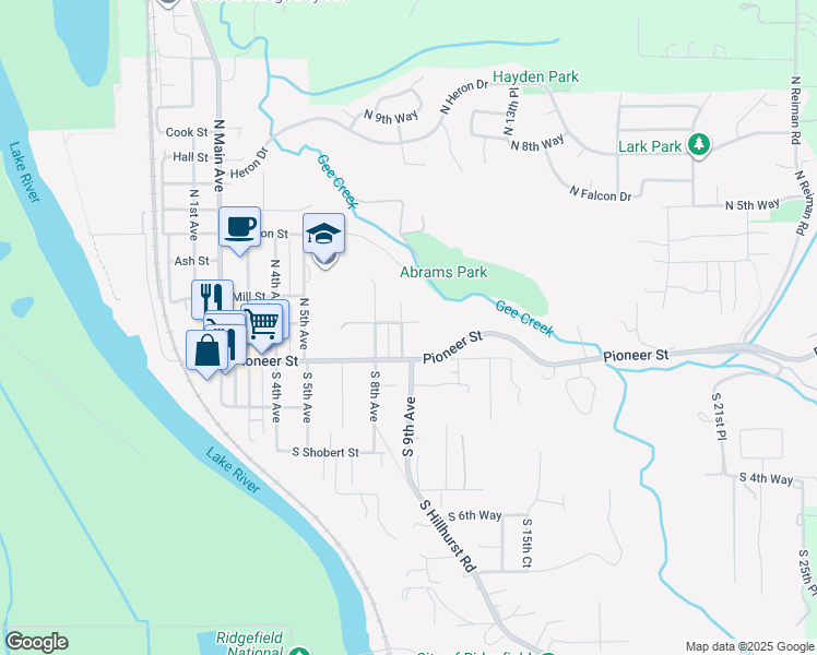 map of restaurants, bars, coffee shops, grocery stores, and more near 112 North 9th Avenue in Ridgefield