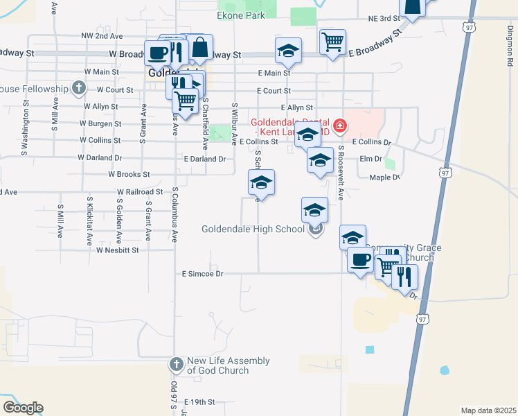 map of restaurants, bars, coffee shops, grocery stores, and more near 920 South Schuster Avenue in Goldendale