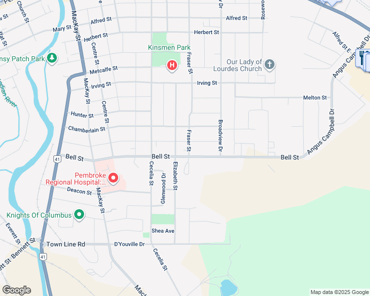 map of restaurants, bars, coffee shops, grocery stores, and more near 385 Bell Street in Pembroke