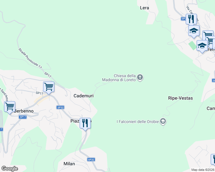 map of restaurants, bars, coffee shops, grocery stores, and more near 6 via Berbenno in Val Brembilla