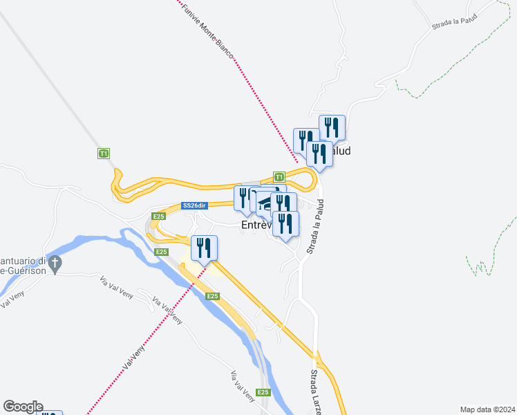 map of restaurants, bars, coffee shops, grocery stores, and more near 2 Via Grandes Jorasses in Courmayeur