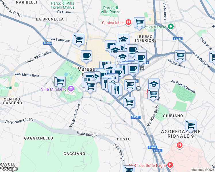 map of restaurants, bars, coffee shops, grocery stores, and more near 6 Piazza della Repubblica in Varese