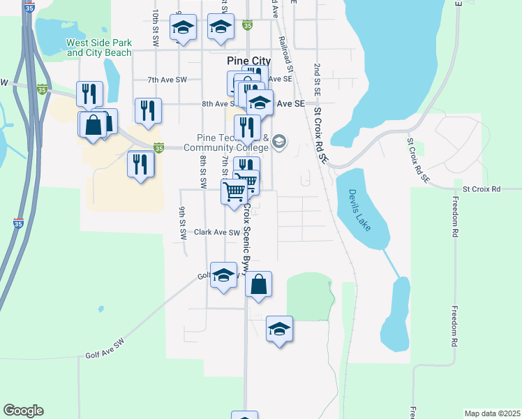 map of restaurants, bars, coffee shops, grocery stores, and more near 1050 Main Street South in Pine City