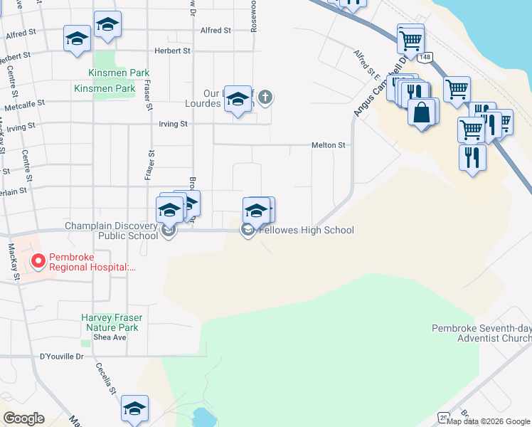 map of restaurants, bars, coffee shops, grocery stores, and more near 155 Noik Drive in Pembroke