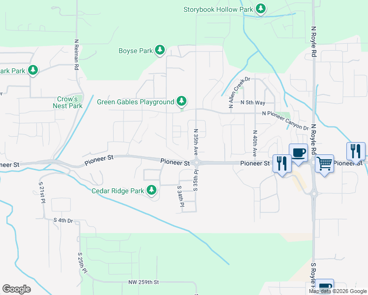 map of restaurants, bars, coffee shops, grocery stores, and more near 177 North 34th Place in Ridgefield