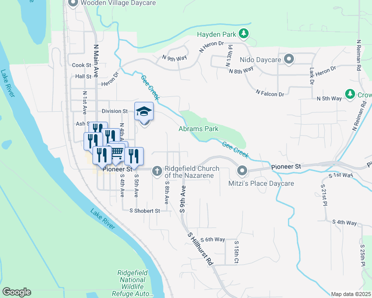 map of restaurants, bars, coffee shops, grocery stores, and more near 932 Simons Street in Ridgefield