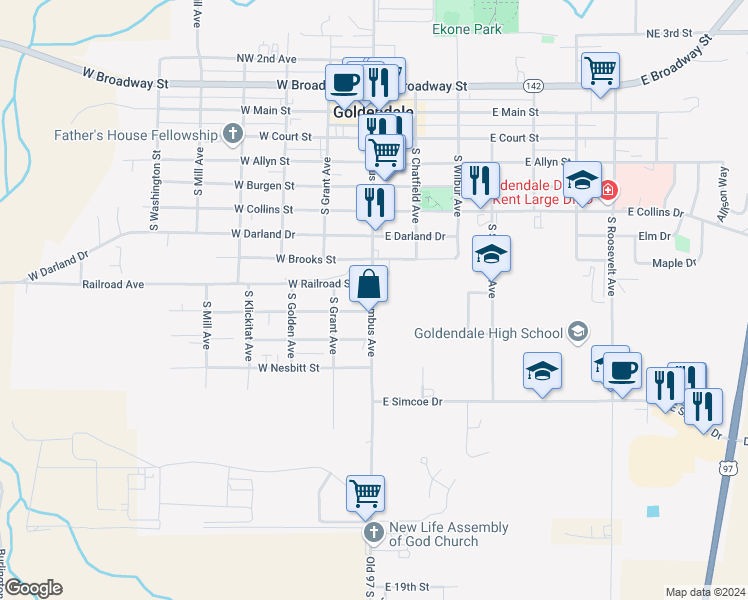 map of restaurants, bars, coffee shops, grocery stores, and more near 908-910 South Columbus Avenue in Goldendale