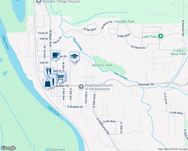 map of restaurants, bars, coffee shops, grocery stores, and more near 112 North 9th Avenue in Ridgefield