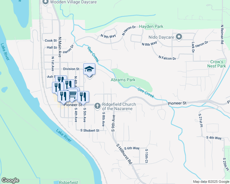 map of restaurants, bars, coffee shops, grocery stores, and more near 912 Simons Street in Ridgefield