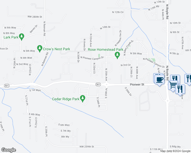 map of restaurants, bars, coffee shops, grocery stores, and more near 213 North 33rd Court in Ridgefield