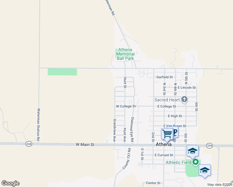 map of restaurants, bars, coffee shops, grocery stores, and more near 352 West Washington Street in Athena