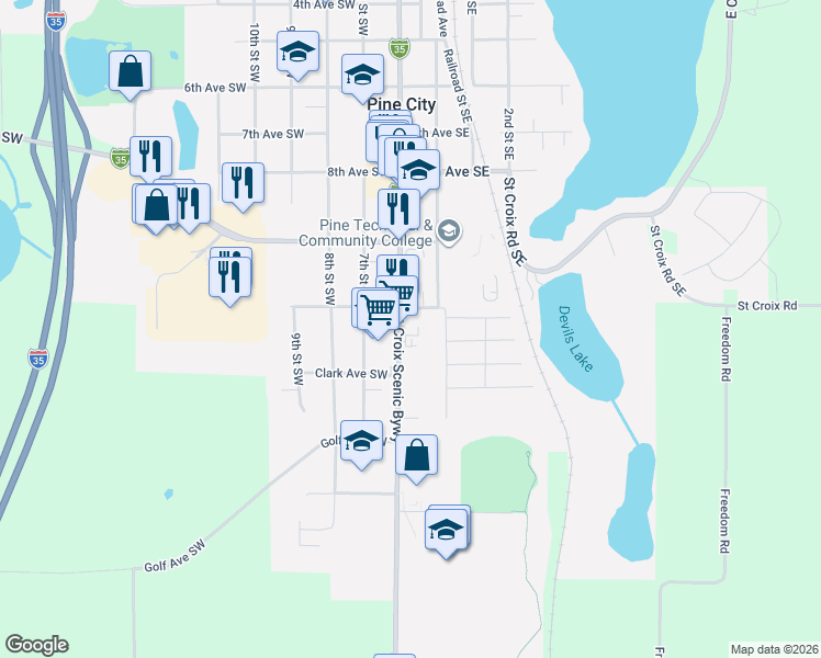map of restaurants, bars, coffee shops, grocery stores, and more near 1010 Main Street South in Pine City