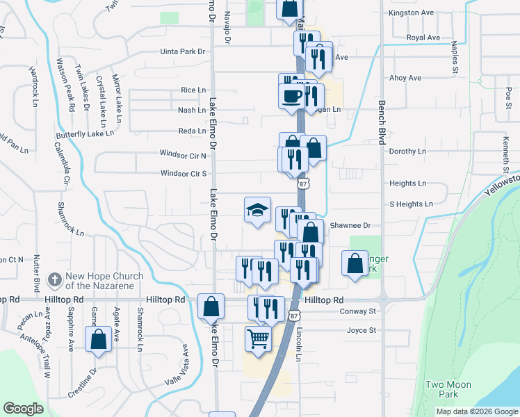 map of restaurants, bars, coffee shops, grocery stores, and more near 441 Josephine Drive in Billings