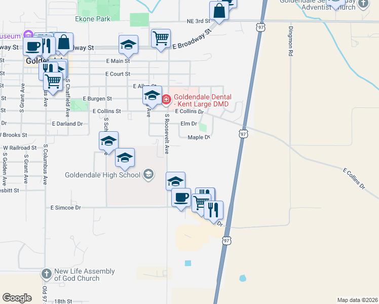 map of restaurants, bars, coffee shops, grocery stores, and more near 830 Maple Drive in Goldendale