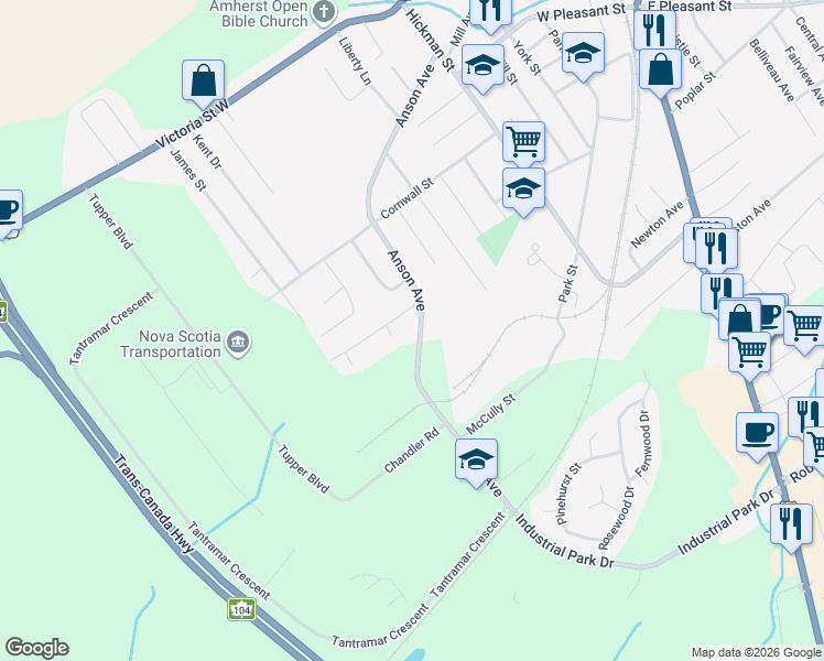 map of restaurants, bars, coffee shops, grocery stores, and more near 44 Anson Avenue in Amherst