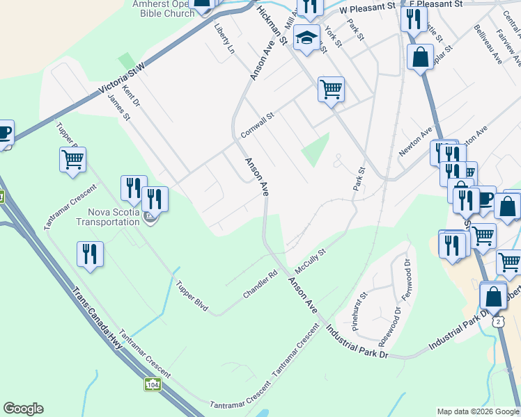 map of restaurants, bars, coffee shops, grocery stores, and more near 44 Anson Avenue in Amherst