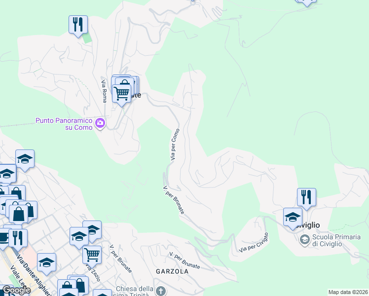 map of restaurants, bars, coffee shops, grocery stores, and more near 1C Via alle Vigne in Brunate