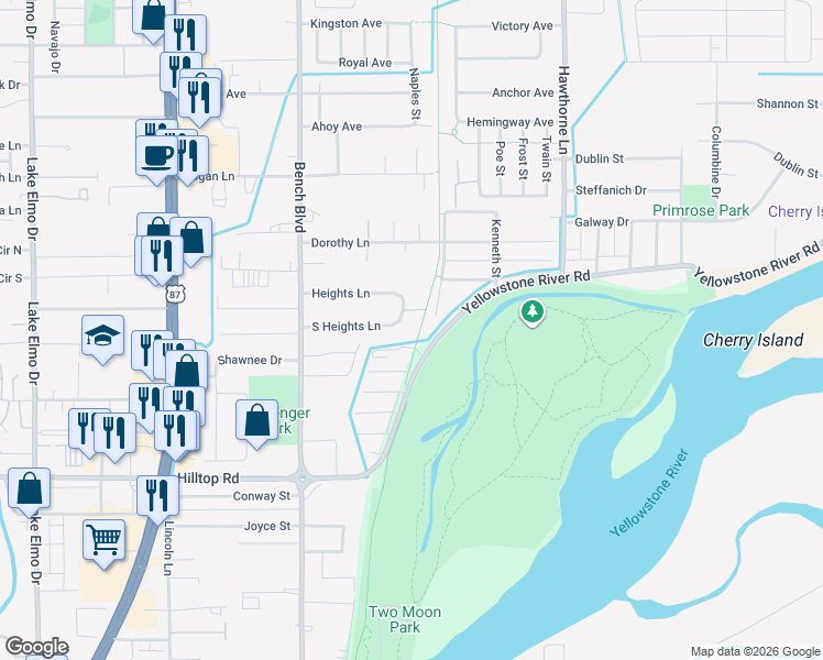 map of restaurants, bars, coffee shops, grocery stores, and more near 978 South Heights Lane in Billings