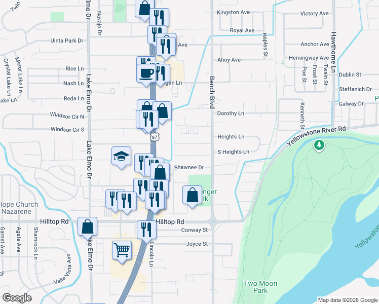 map of restaurants, bars, coffee shops, grocery stores, and more near 711 Birch Lane in Billings