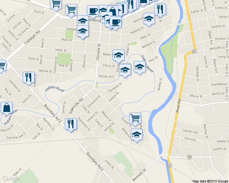map of restaurants, bars, coffee shops, grocery stores, and more near 367 Carmody Street in Pembroke