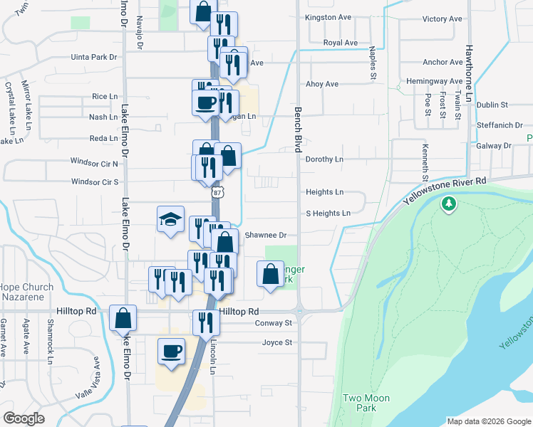 map of restaurants, bars, coffee shops, grocery stores, and more near 711 Birch Lane in Billings