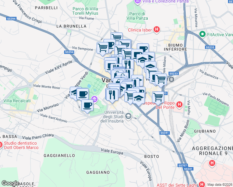map of restaurants, bars, coffee shops, grocery stores, and more near in Varese