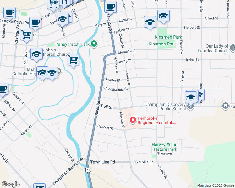 map of restaurants, bars, coffee shops, grocery stores, and more near Mackay Street in Pembroke