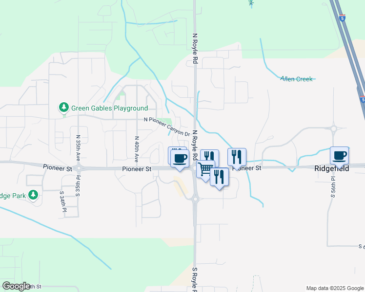 map of restaurants, bars, coffee shops, grocery stores, and more near 176 North 43rd Place in Ridgefield